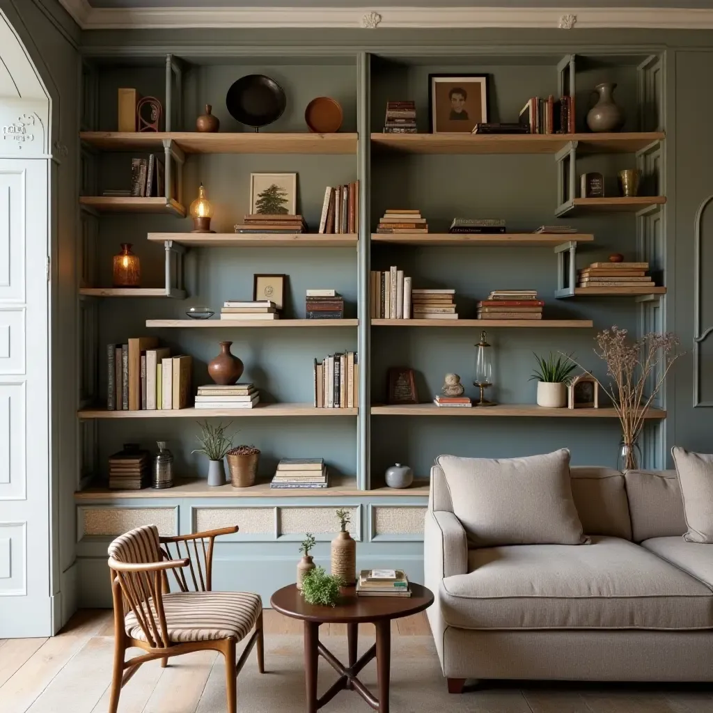 a photo of open shelving styled with vintage books and unique artifacts