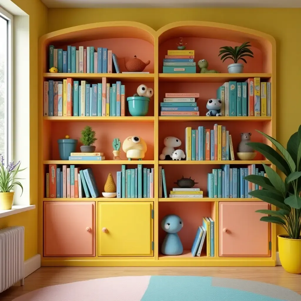 a photo of a children&#x27;s bookshelf filled with playful decor and bright colors