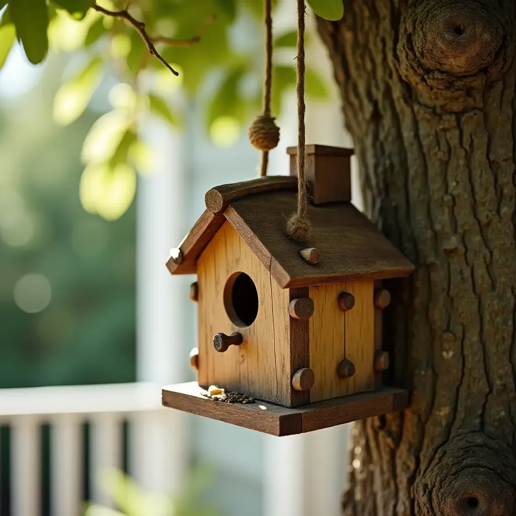 a photo of a whimsical birdhouse hanging from a tree near a porch