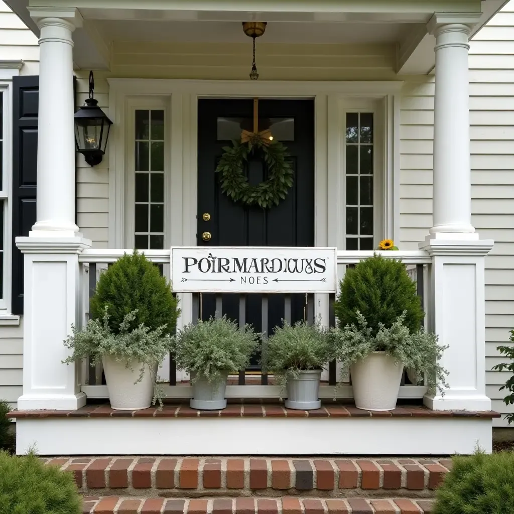 a photo of a balcony decorated with farmhouse signs and greenery