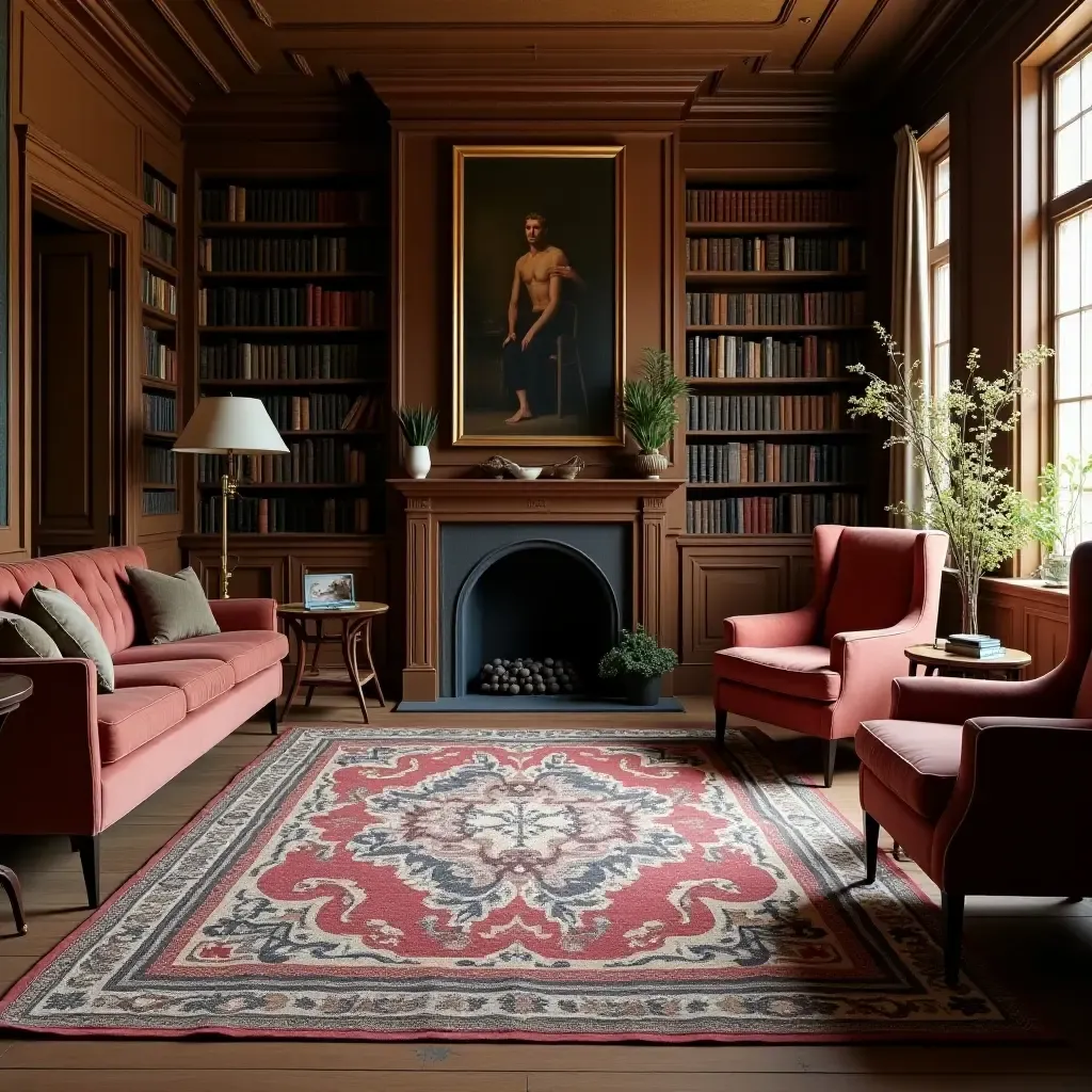 a photo of a traditional braided rug in a cozy library setting