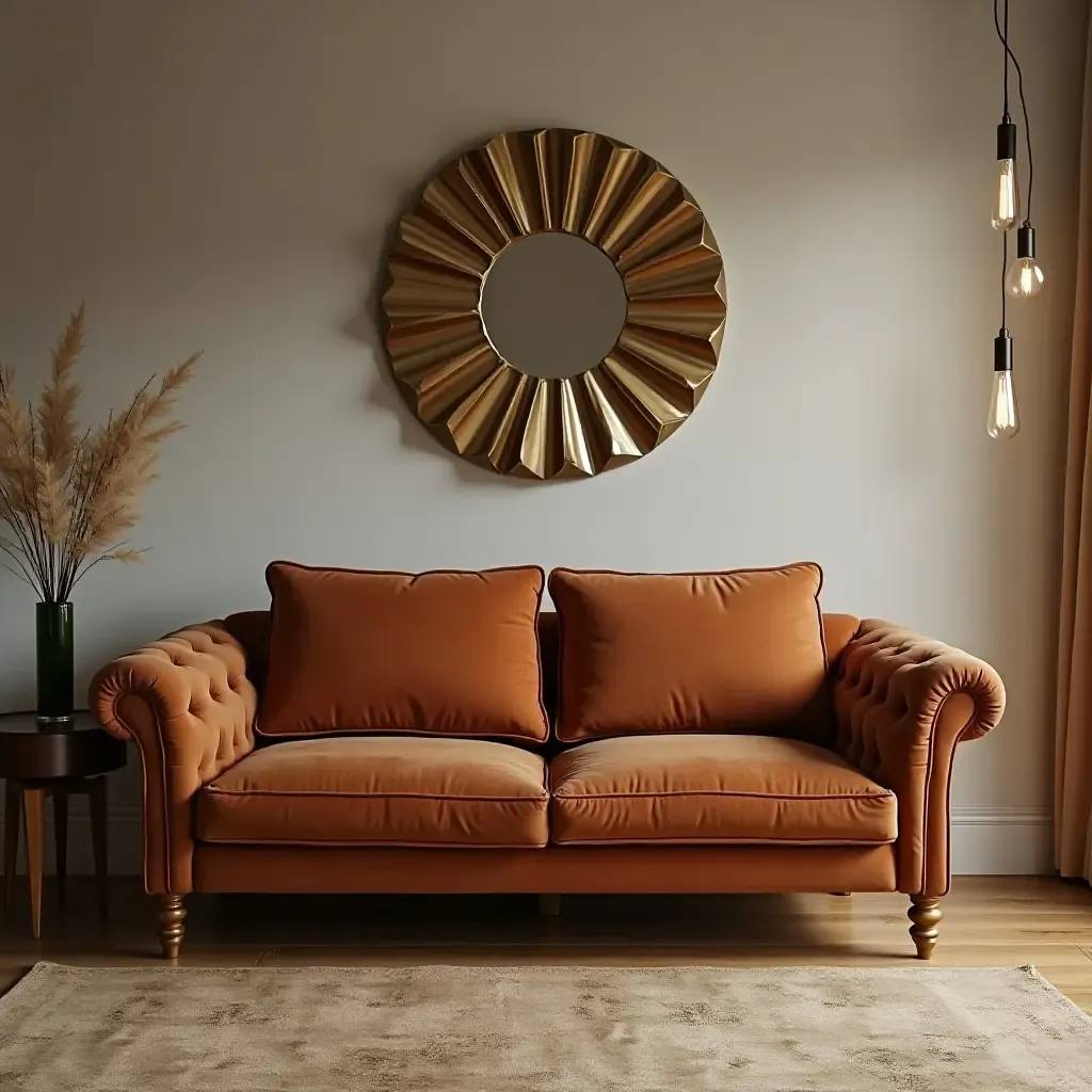 a photo of a cognac couch complemented by elegant metallic accents