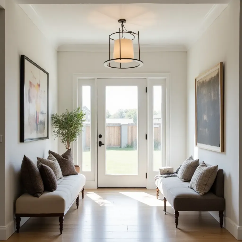 a photo of a stylish entrance hall with throw pillows adding texture to decor