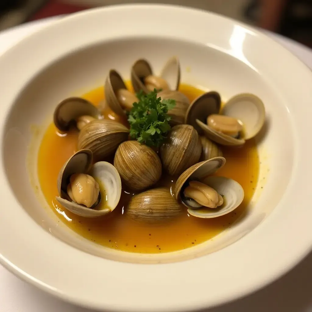 a photo of Almejas a la Marinera, clams cooked in a white wine and garlic sauce.