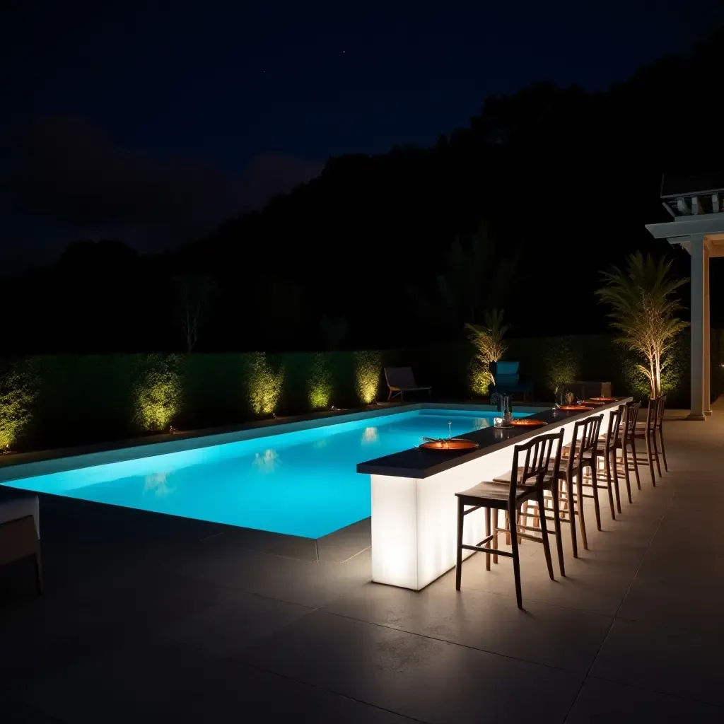 a photo of a chic pool area with illuminated bar stools