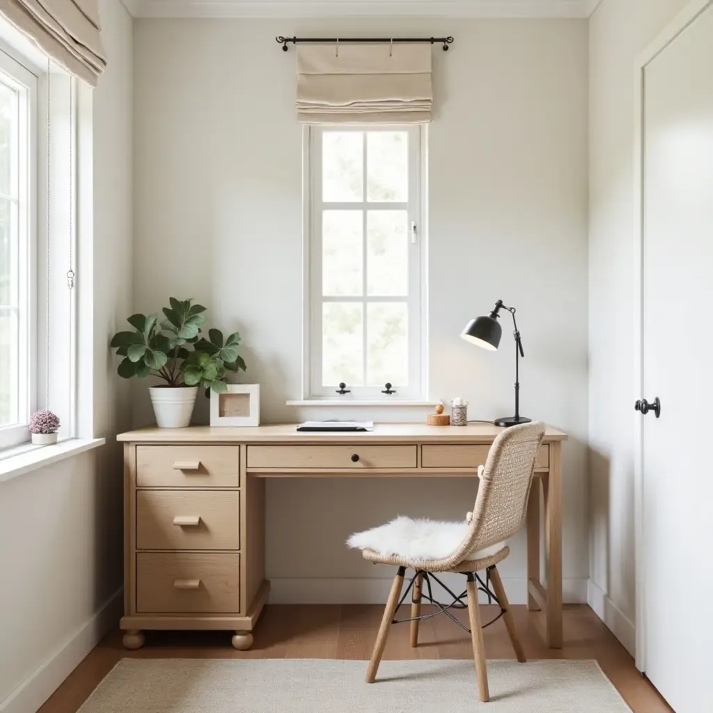 a photo of a teen bedroom featuring a wooden desk with farmhouse-inspired accessories