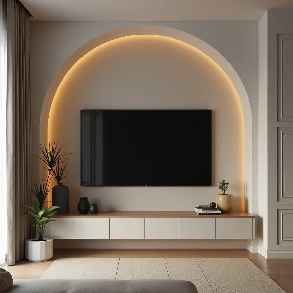 a photo of a corner TV framed by a unique archway and modern decor