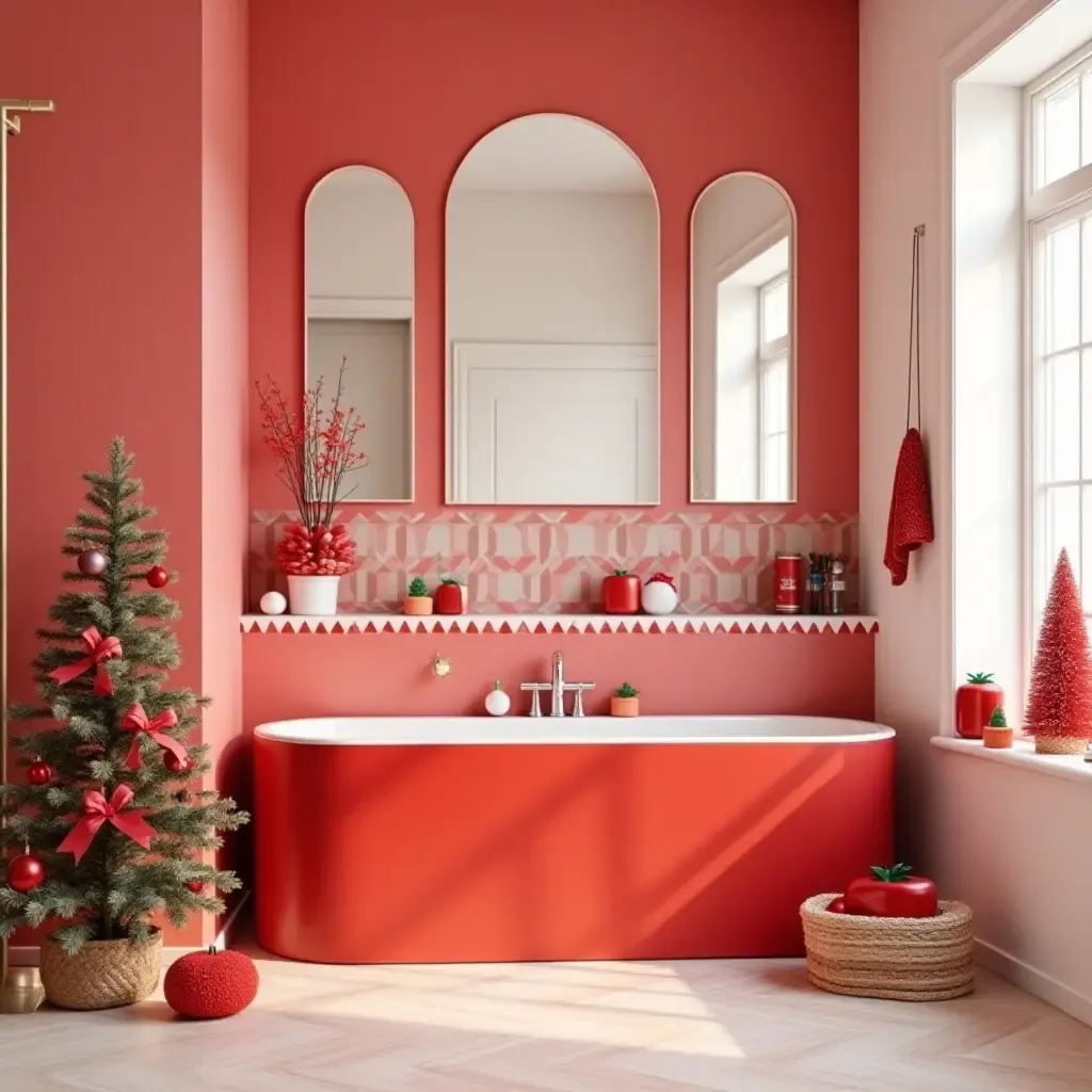 a photo of a lively red and white bathroom with festive decorations