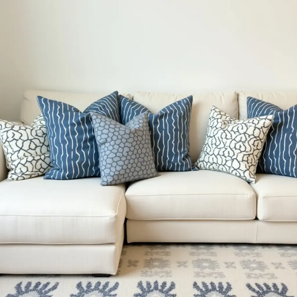 a photo of a cream and blue sectional sofa adorned with patterned throw pillows