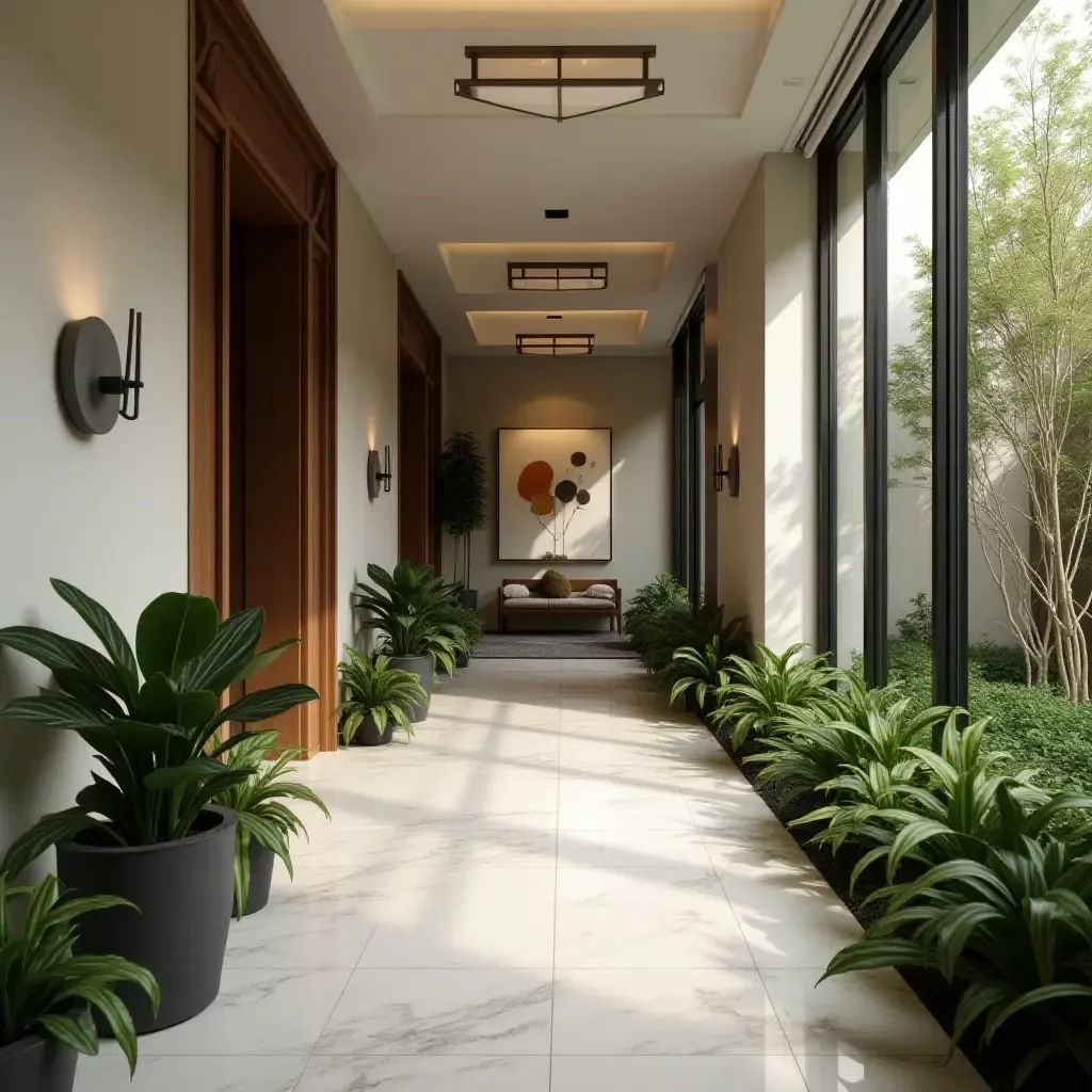 a photo of a sleek corridor with a blend of indoor plants and art