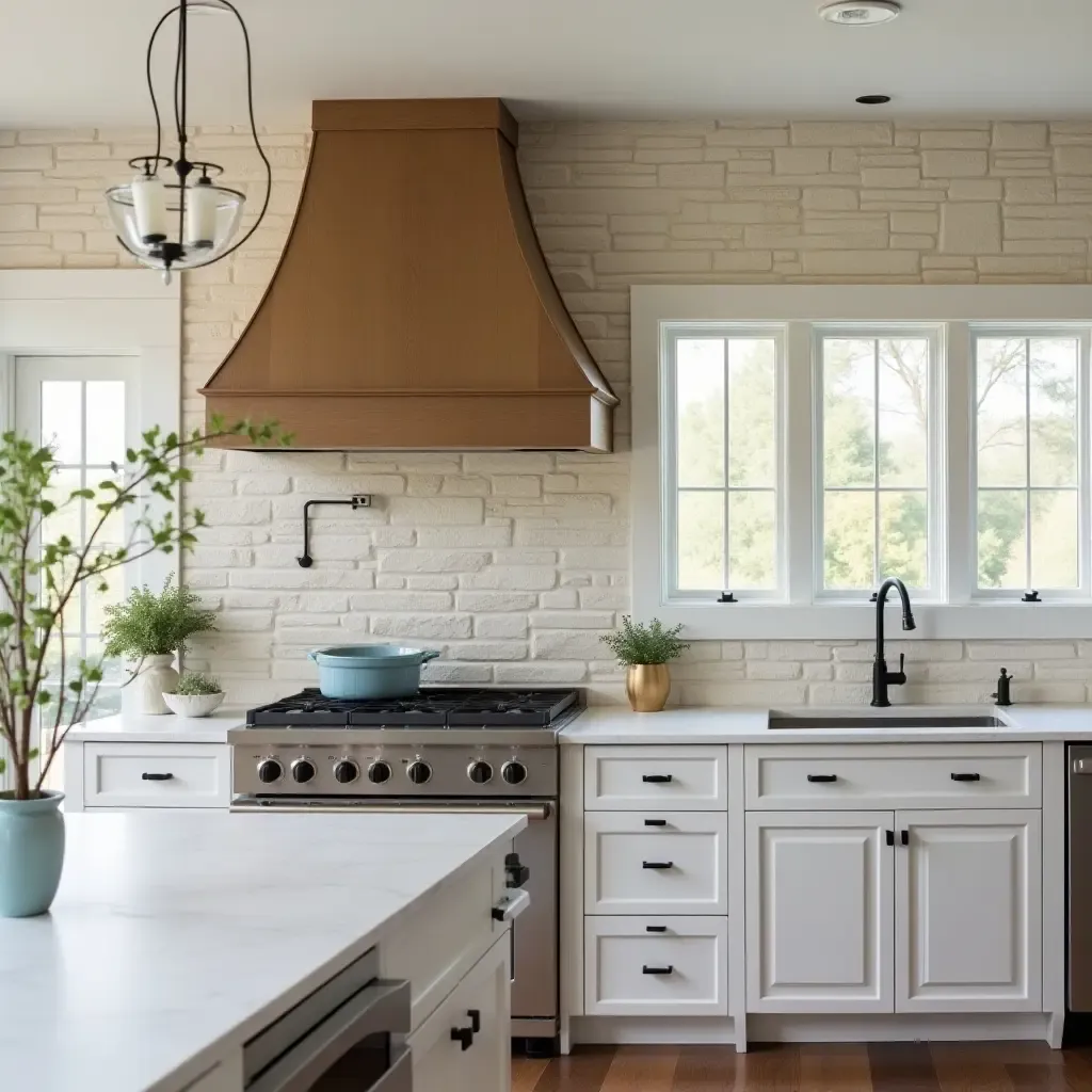 a photo of a nature-inspired backsplash with stone elements in a modern farmhouse kitchen