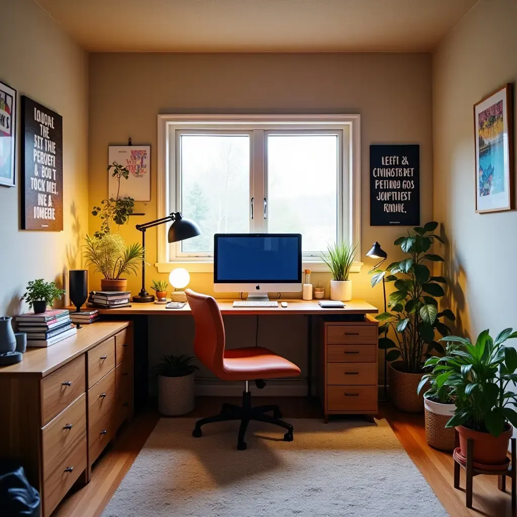 a photo of a basement workspace with inspiring quotes and colorful decor