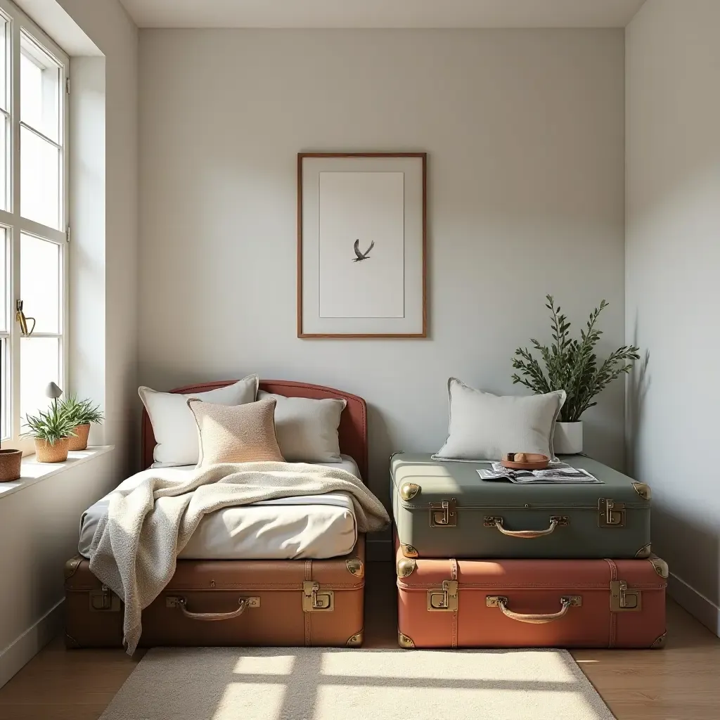 a photo of a teen room with vintage suitcases as decor