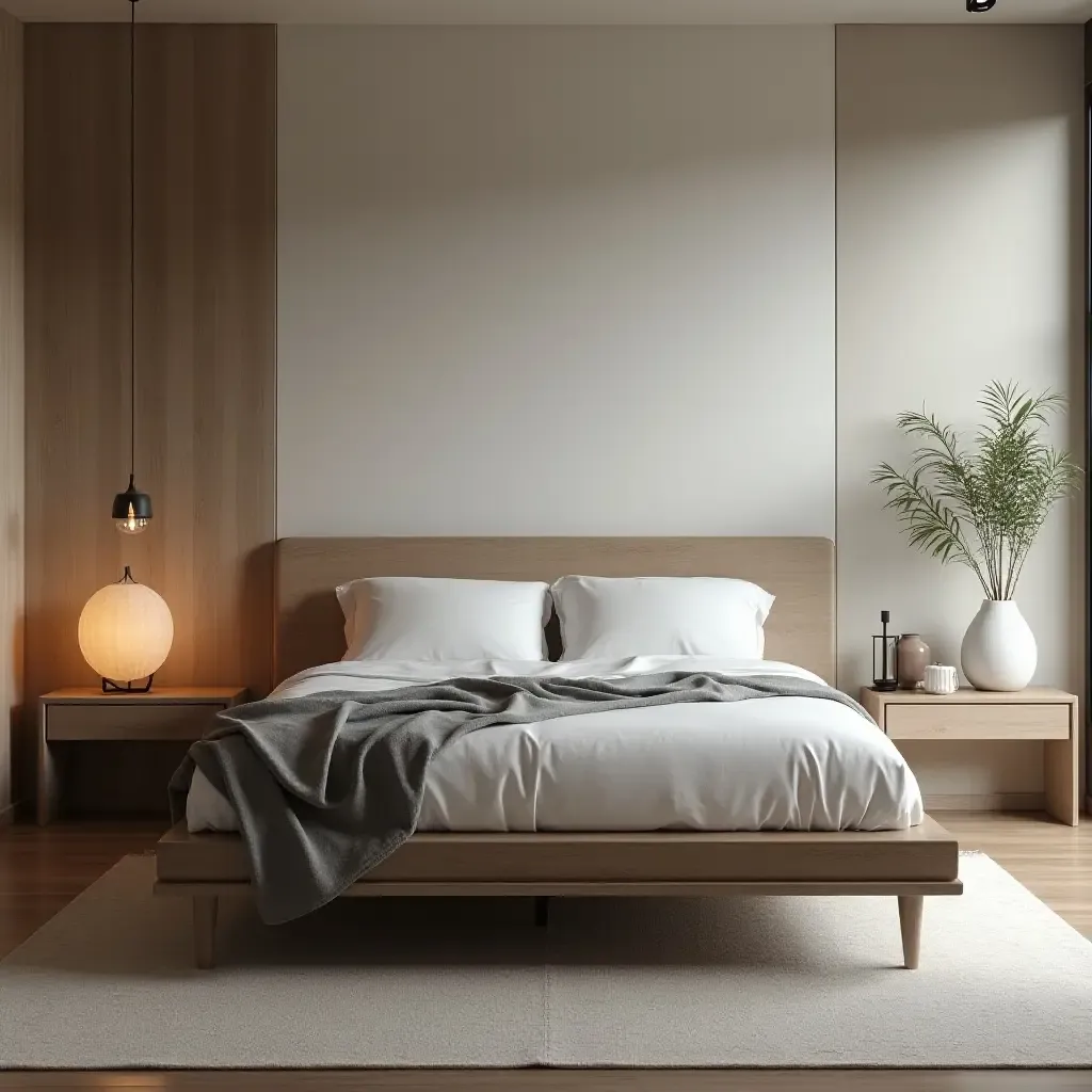 a photo of a sleek bedroom featuring a platform bed and simple decor