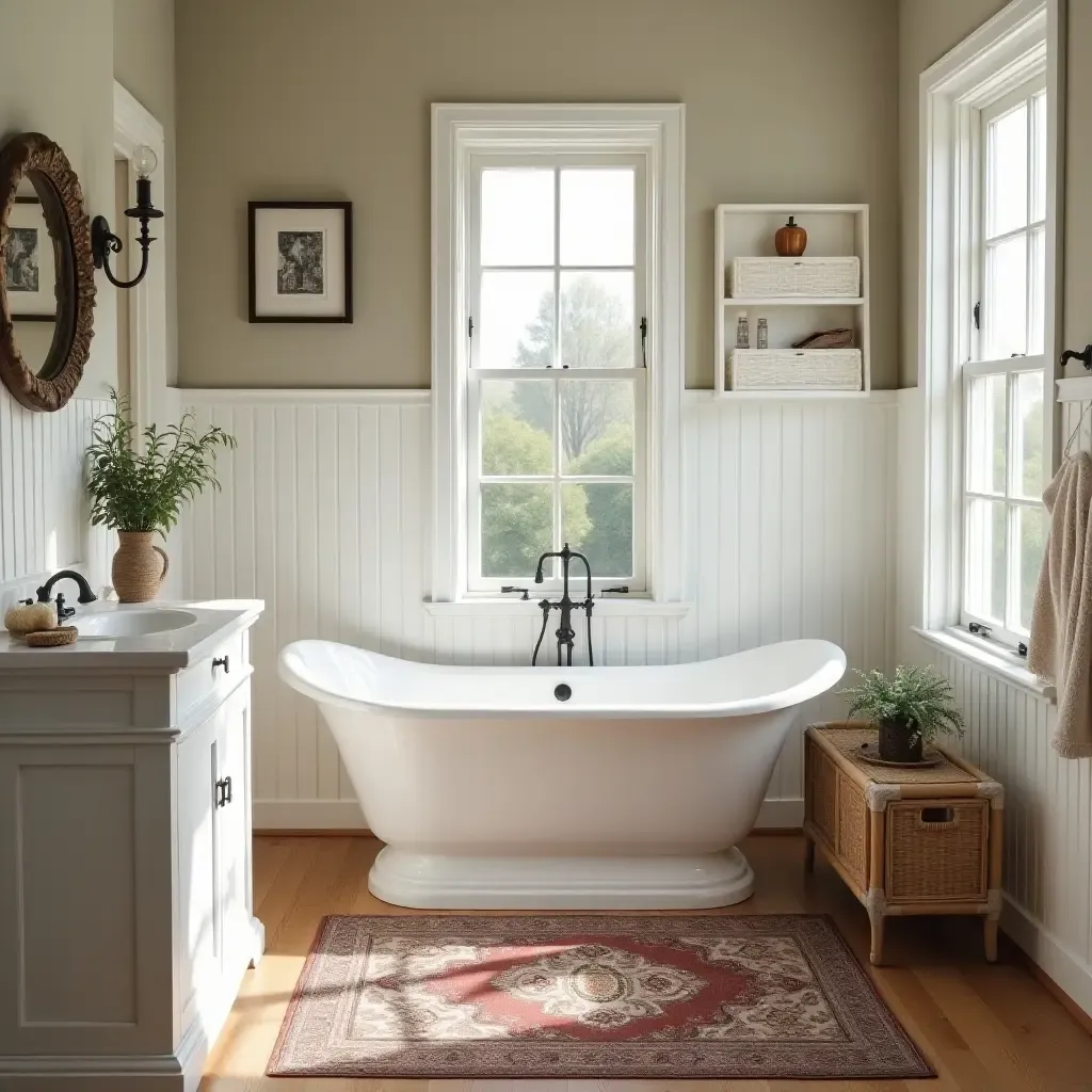 a photo of a cozy bathroom with a vintage rug and farmhouse charm