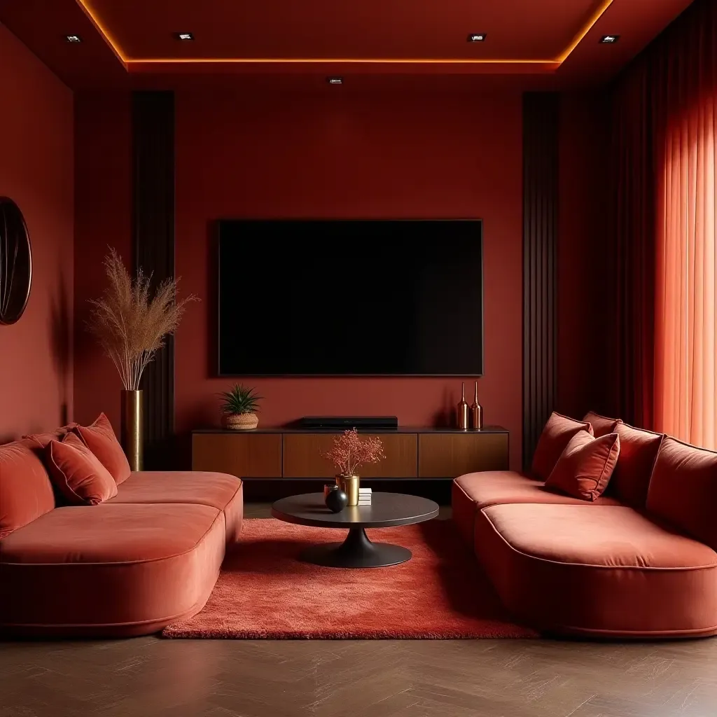 a photo of a luxurious TV room with velvet seating and gold accents