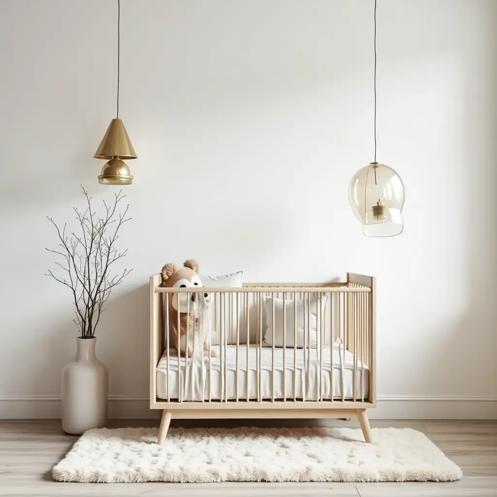 a photo of a modern nursery with metallic decor and plush rugs