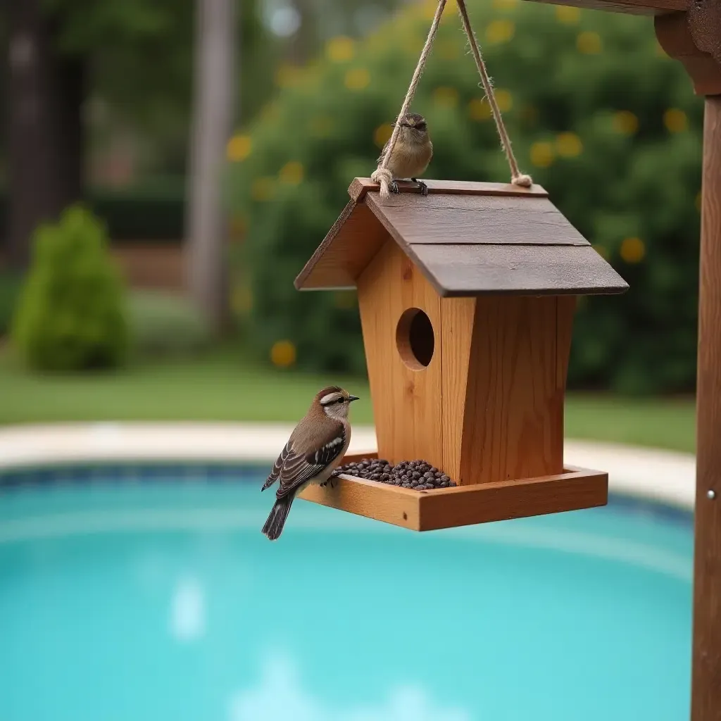 a photo of a wooden bird feeder attracting birds near the pool