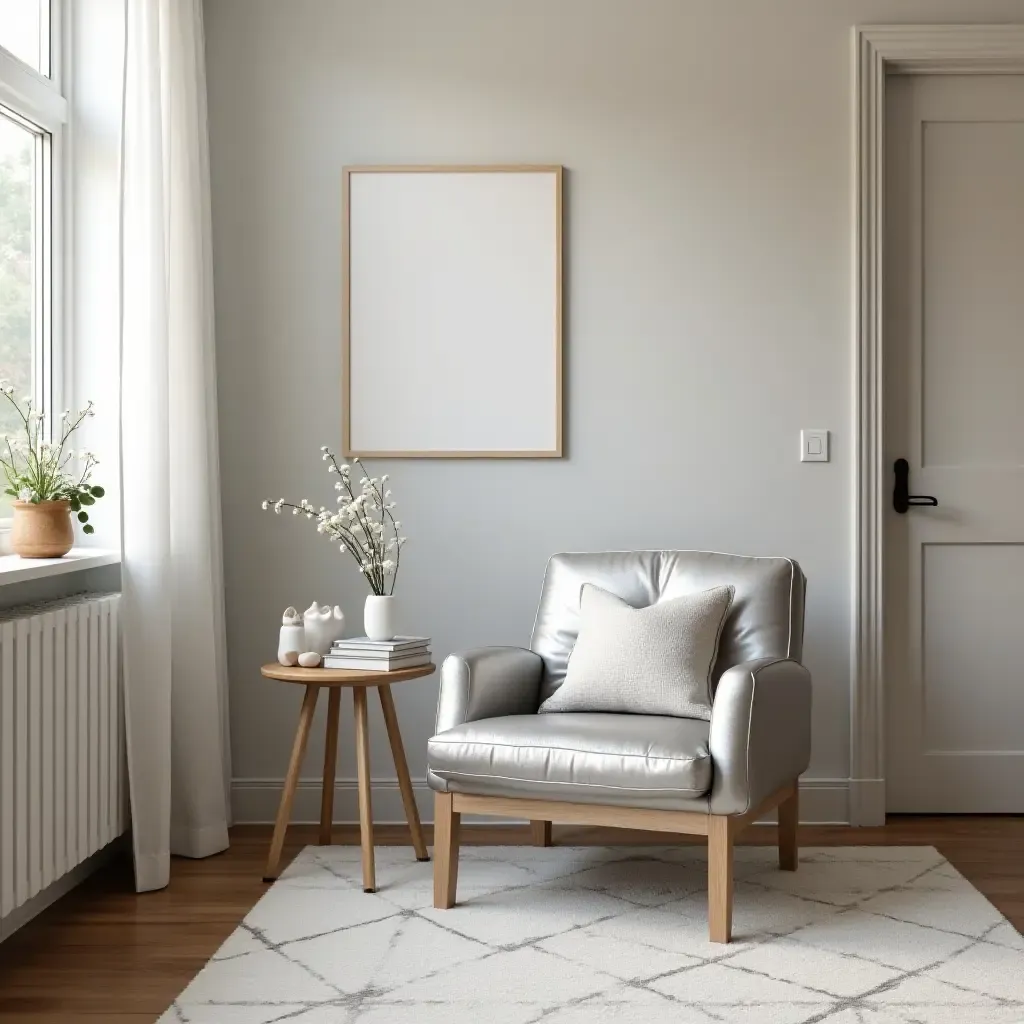 a photo of a nursery with a metallic silver accent chair