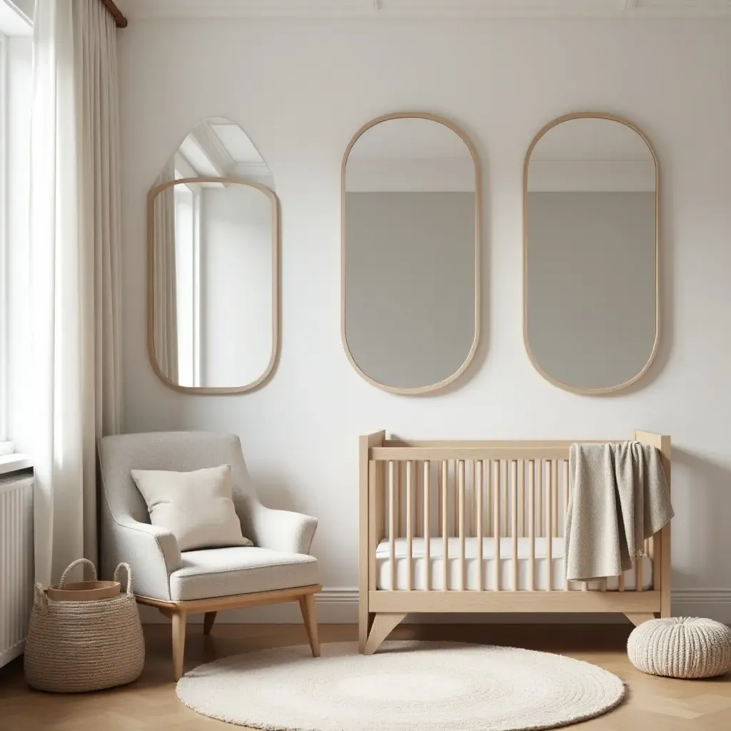 a photo of a nursery with wall-mounted mirrors creating illusion of space