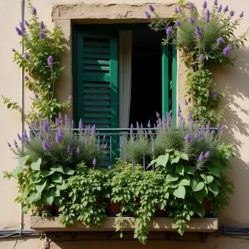 a photo of a balcony adorned with a vertical wall of lavender and herbs