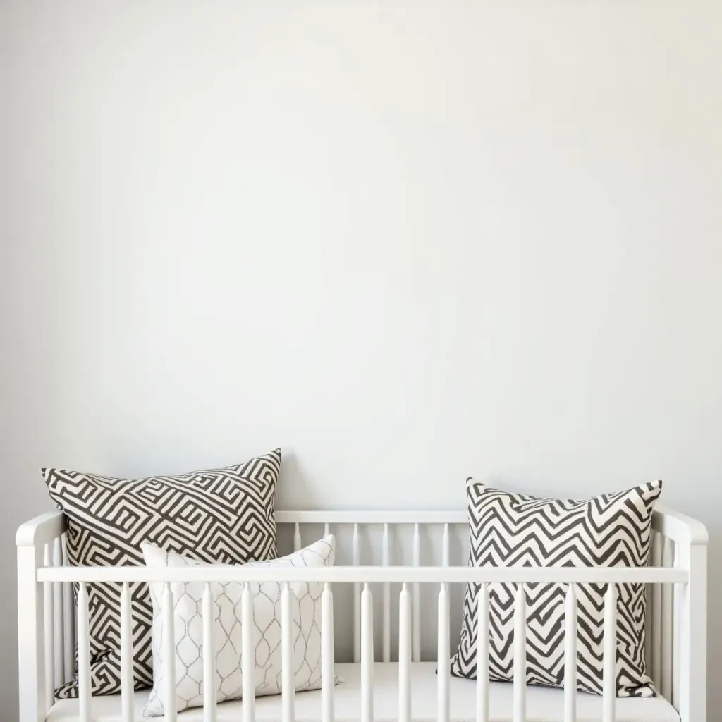 a photo of a modern nursery with geometric patterned throw pillows