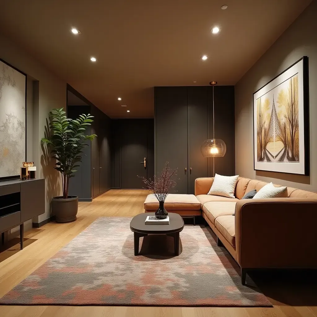 a photo of a trendy basement lounge area with a stylish rug and contemporary furniture