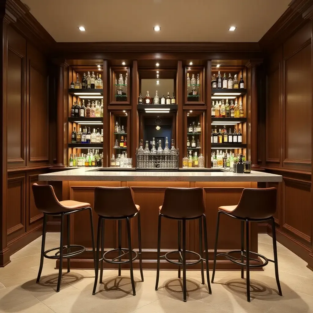 a photo of a basement bar with chrome metallic finishes