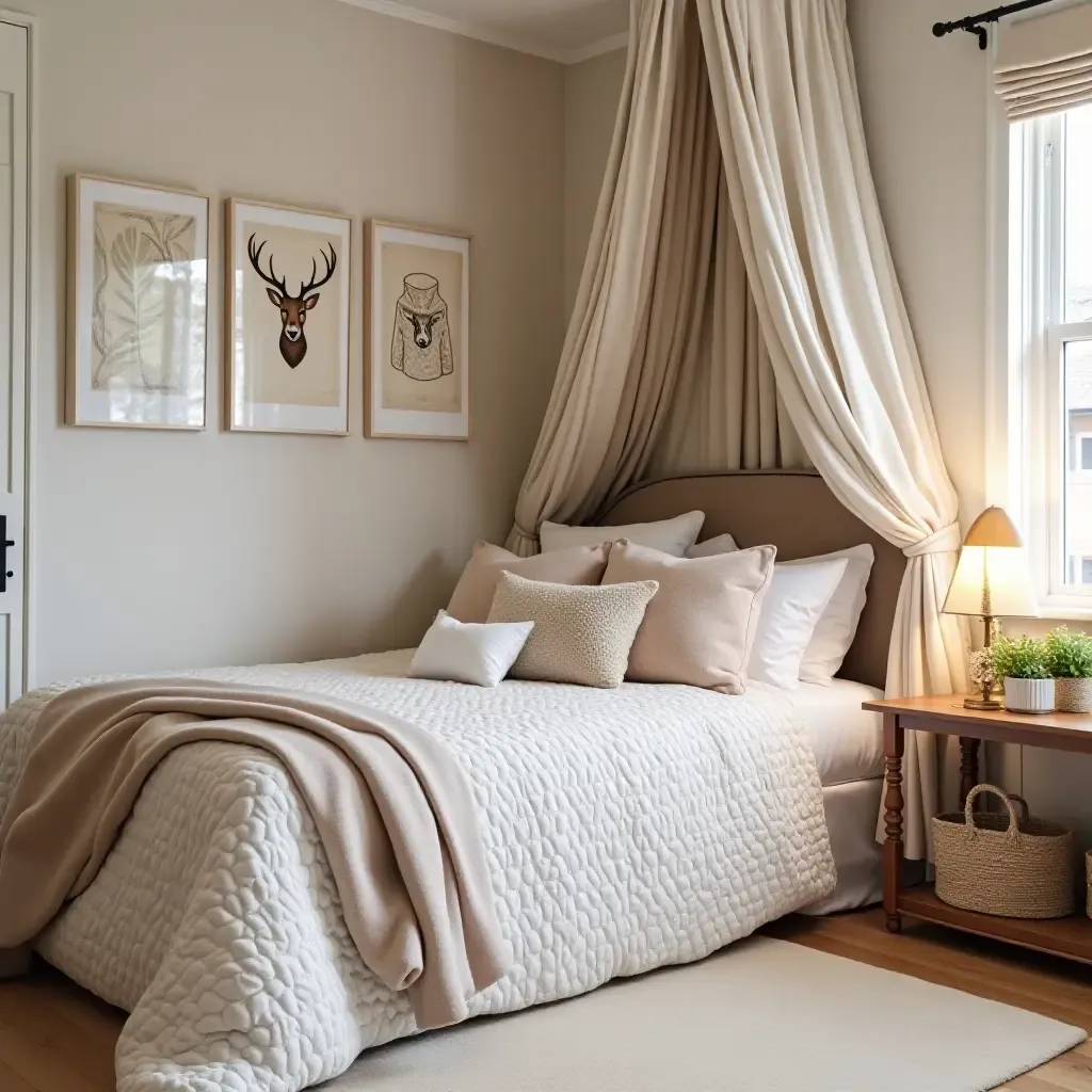 a photo of a cozy teen bedroom with a stylish canopy bed and decorative pillows