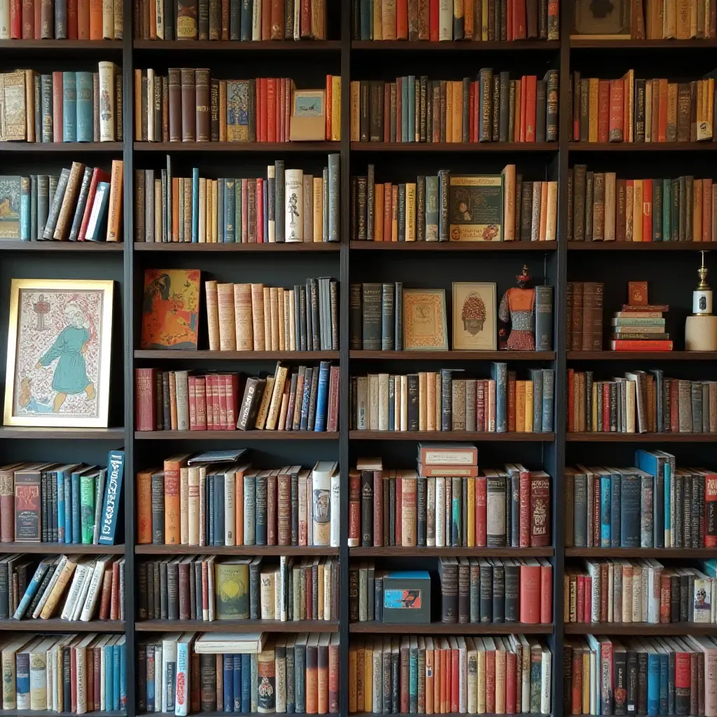 a photo of a library wall with a mix of art styles and colors