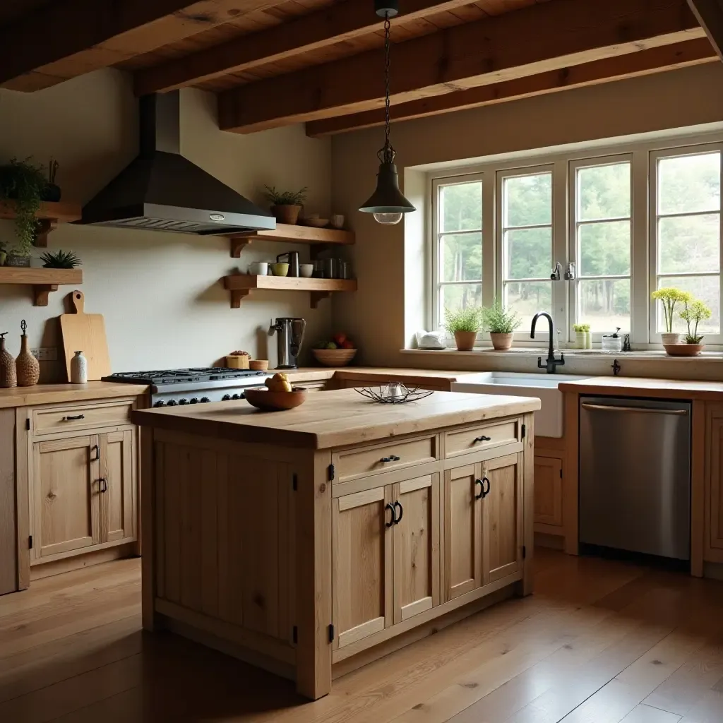 a photo of a small kitchen with a rustic wooden island