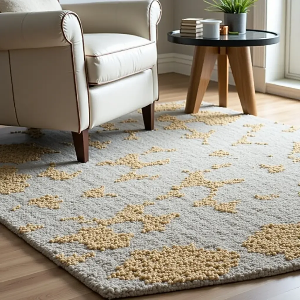 a photo of a chic, modern rug with metallic accents