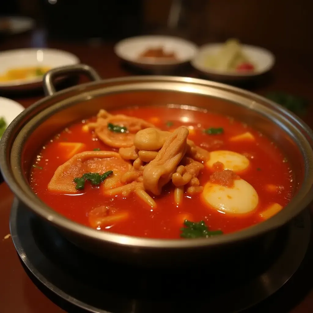 a photo of spicy Sichuan hotpot with vibrant red broth and fresh ingredients.