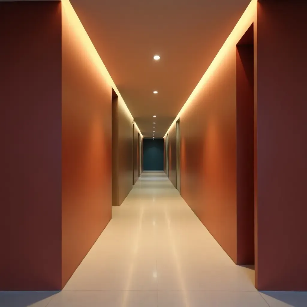 a photo of a narrow corridor with smart lighting and color schemes