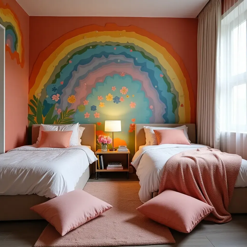 a photo of a vibrant shared bedroom with a mural and cozy floor cushions