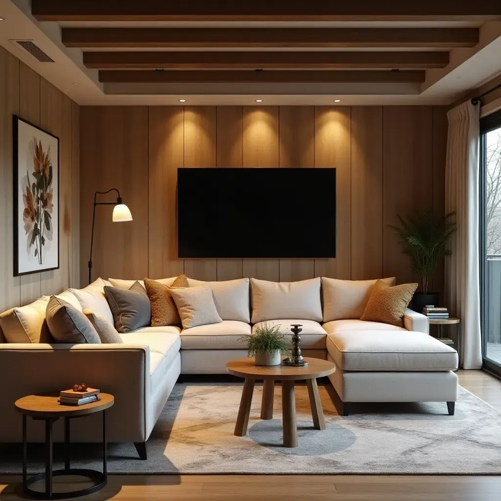 a photo of a cozy basement with a large sectional and a coffee table