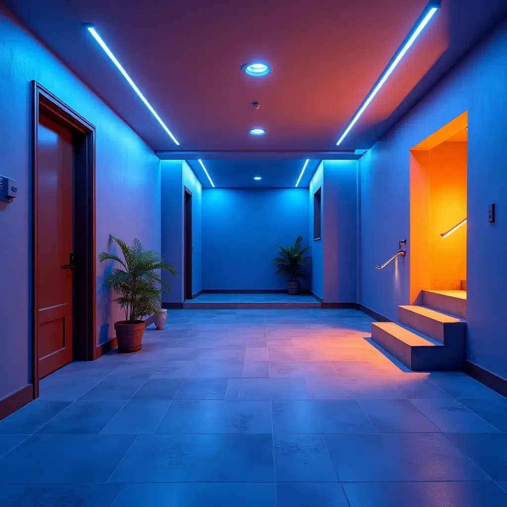 a photo of a vibrant basement with electric blue and sunny orange highlights