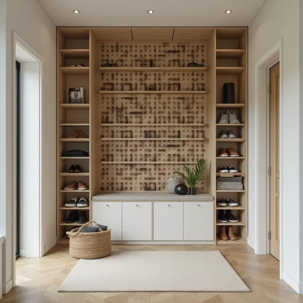 a photo of an entrance hall featuring a creative shoe wall