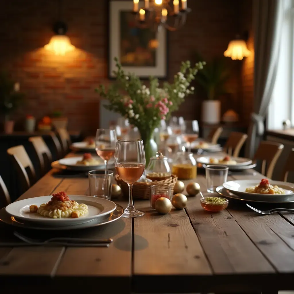 a photo of a rustic wooden table set for a cozy family meal