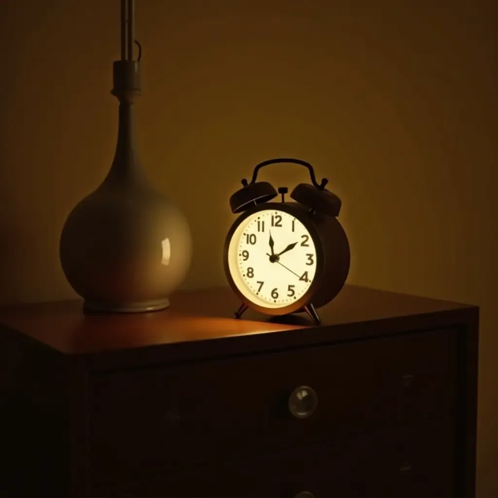 a photo of a retro alarm clock on a vintage nightstand with a soft glow