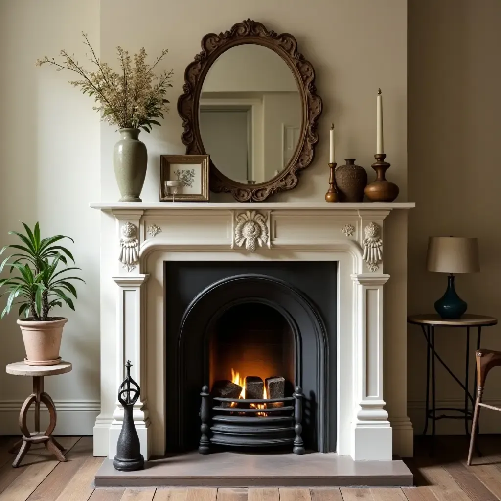 a photo of a charming fireplace adorned with vintage decor