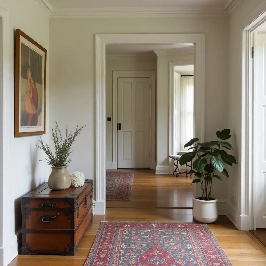 a photo of a cozy entrance hall with a vintage trunk as a coffee table