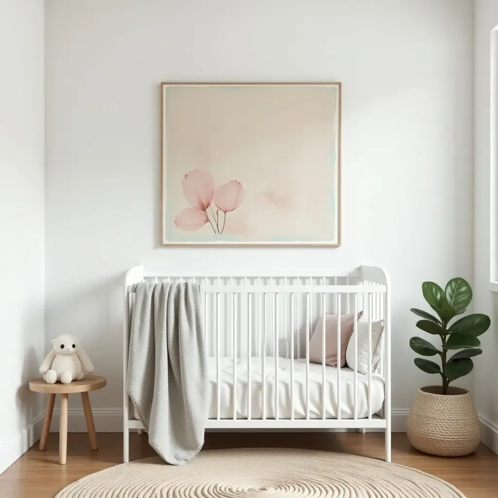 a photo of a modern nursery with vintage wall art