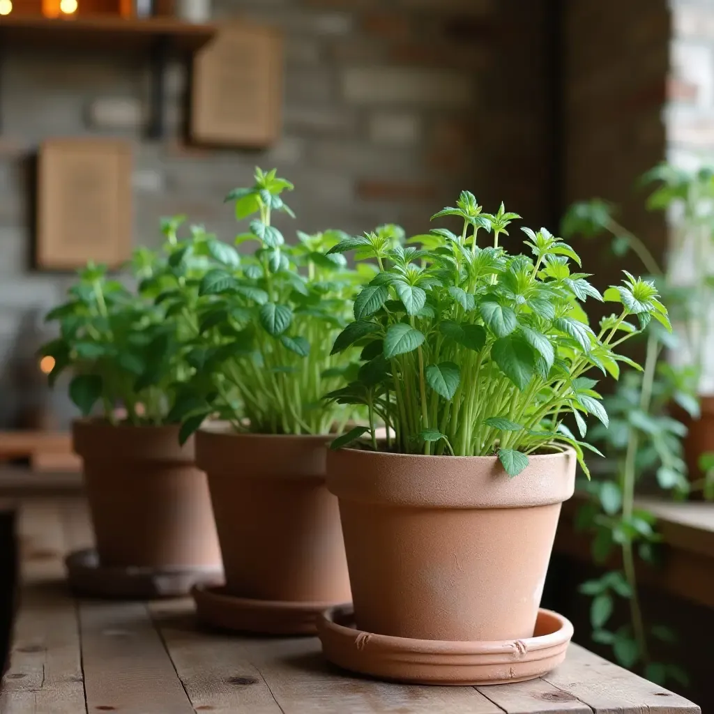 a photo of a rustic living room with herb pots