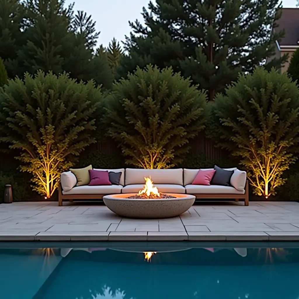 a photo of a cozy fire pit with plants around the pool area