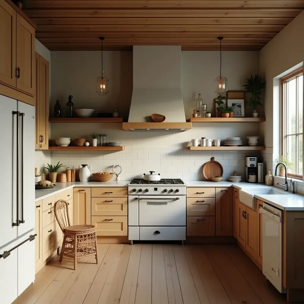 a photo of a kitchen featuring wooden accents and vintage elements