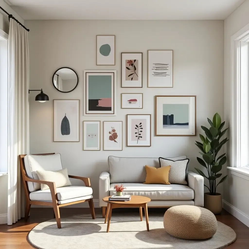 a photo of a small living room featuring a gallery wall and a cozy reading nook