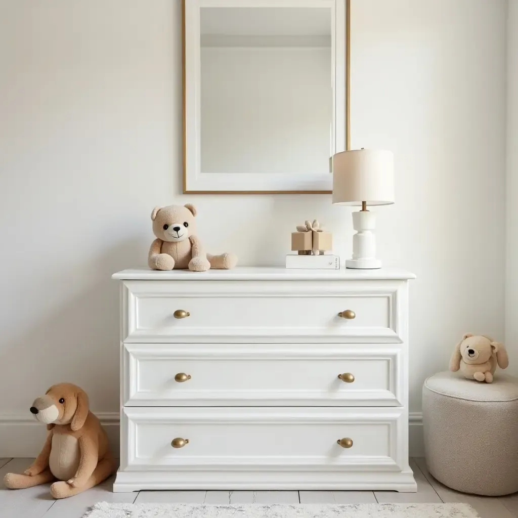 a photo of a classy children&#x27;s room with metallic gold drawer pulls