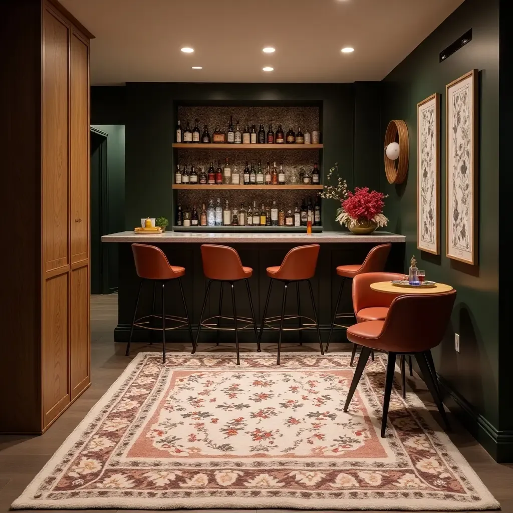 a photo of a chic, patterned area rug in a stylish basement bar