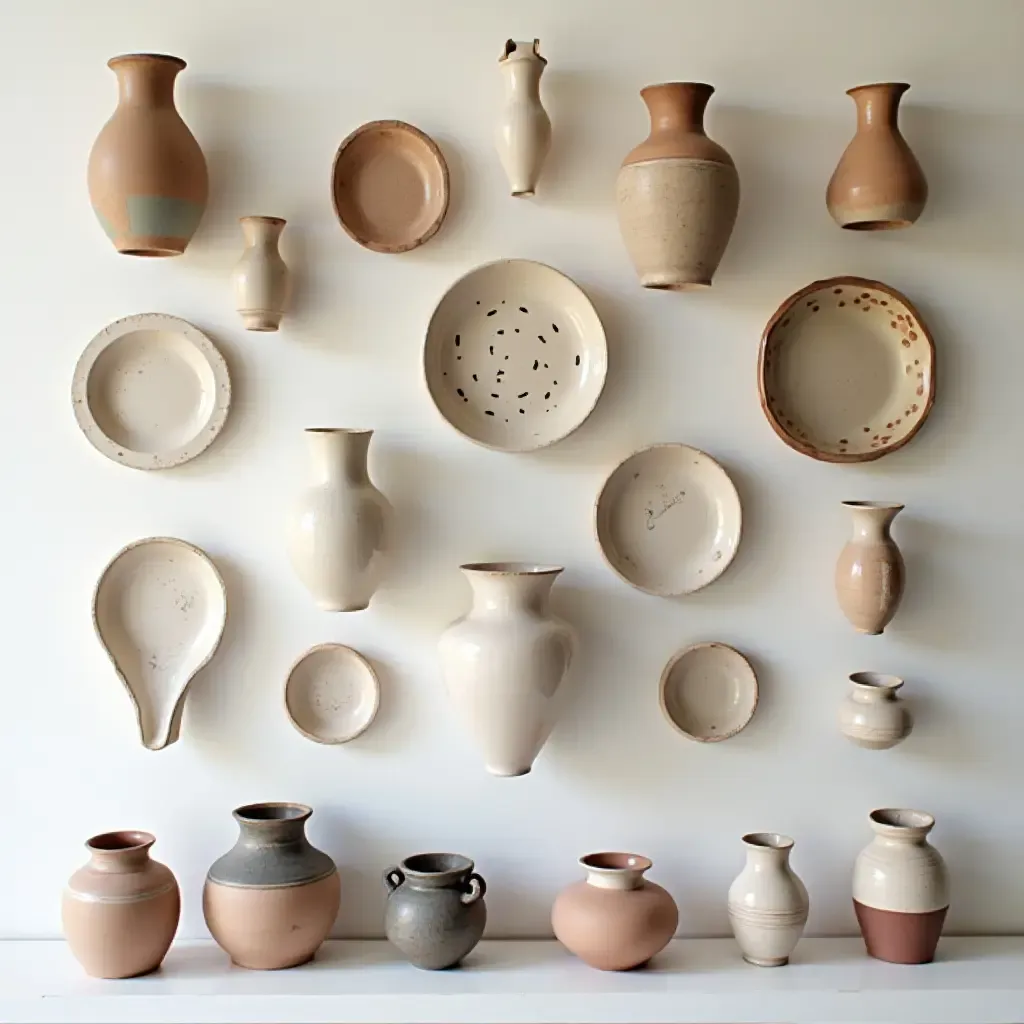 a photo of a gallery wall showcasing a collection of handmade pottery